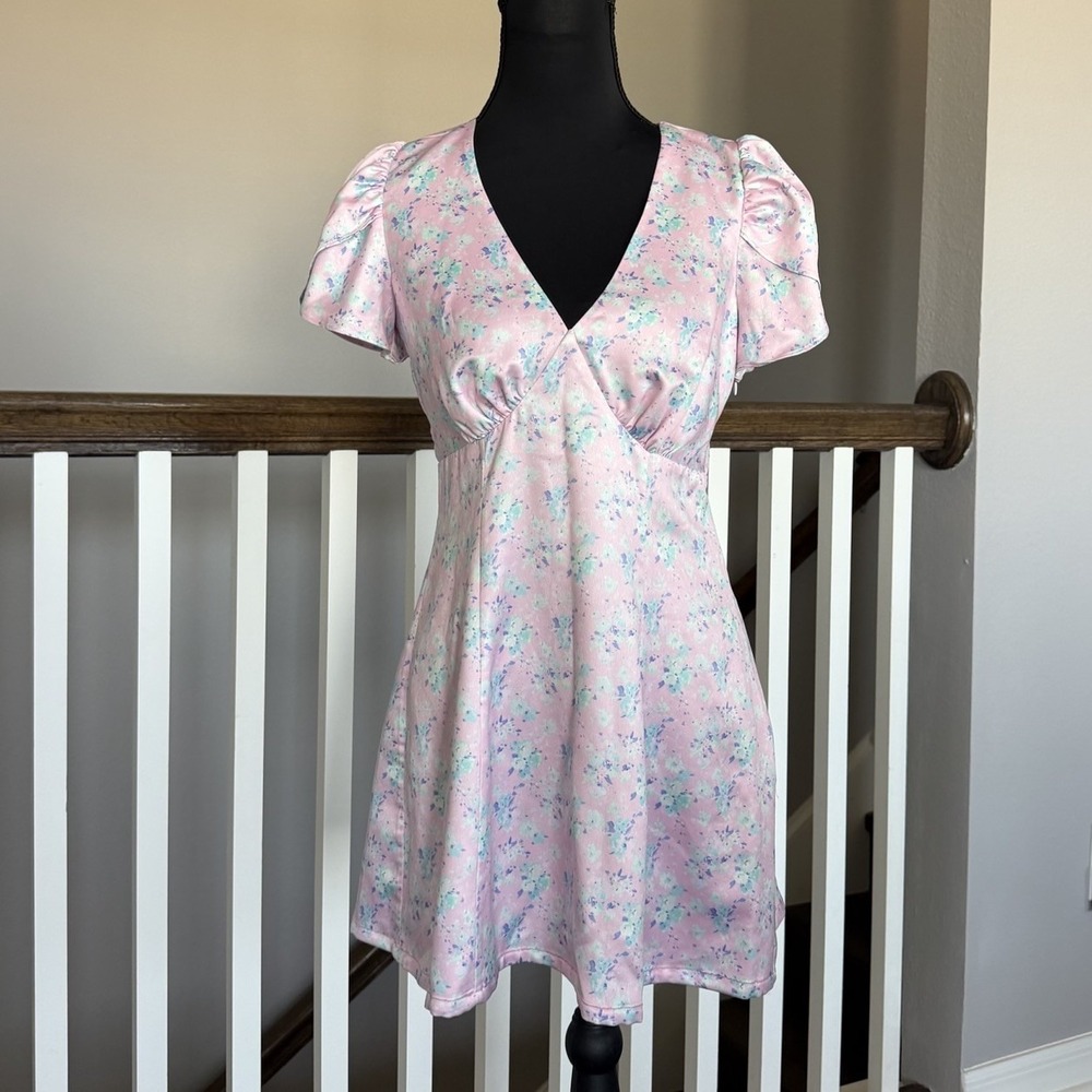 Love Shack Fancy Nadesa Floral Satin Mini Dress Pink 2 Romantic Feminine Cottage